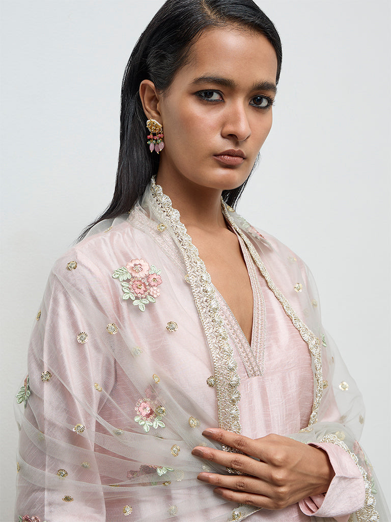 Vark Light Pink Embroidered A-Line Ethnic Set