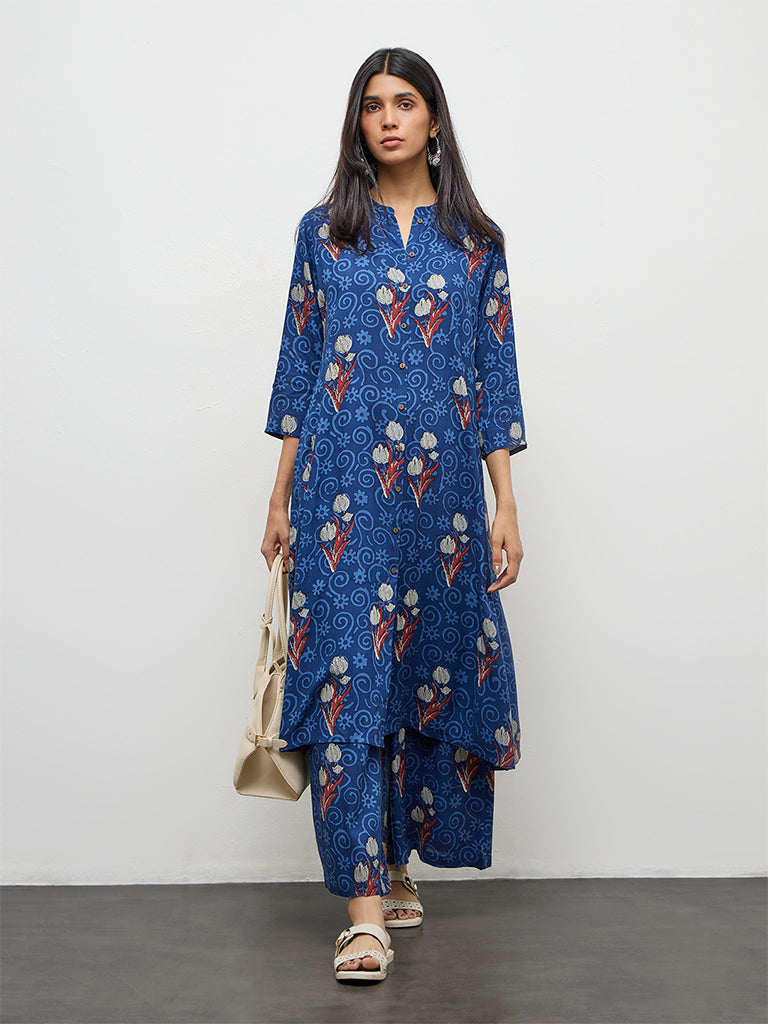 Utsa Indigo Foliage Pattern A-Line Kurta