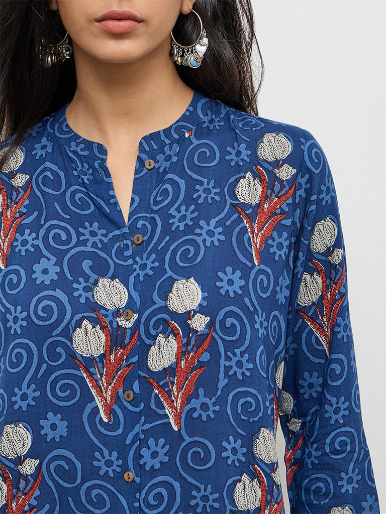 Utsa Indigo Foliage Pattern A-Line Kurta