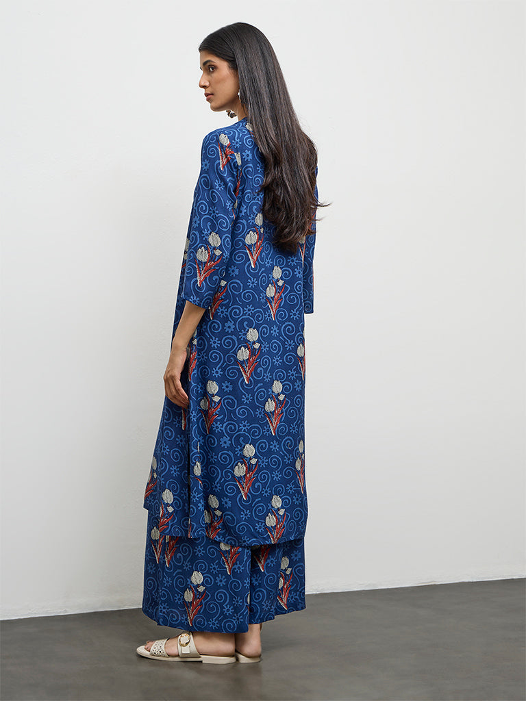Utsa Indigo Foliage Pattern A-Line Kurta