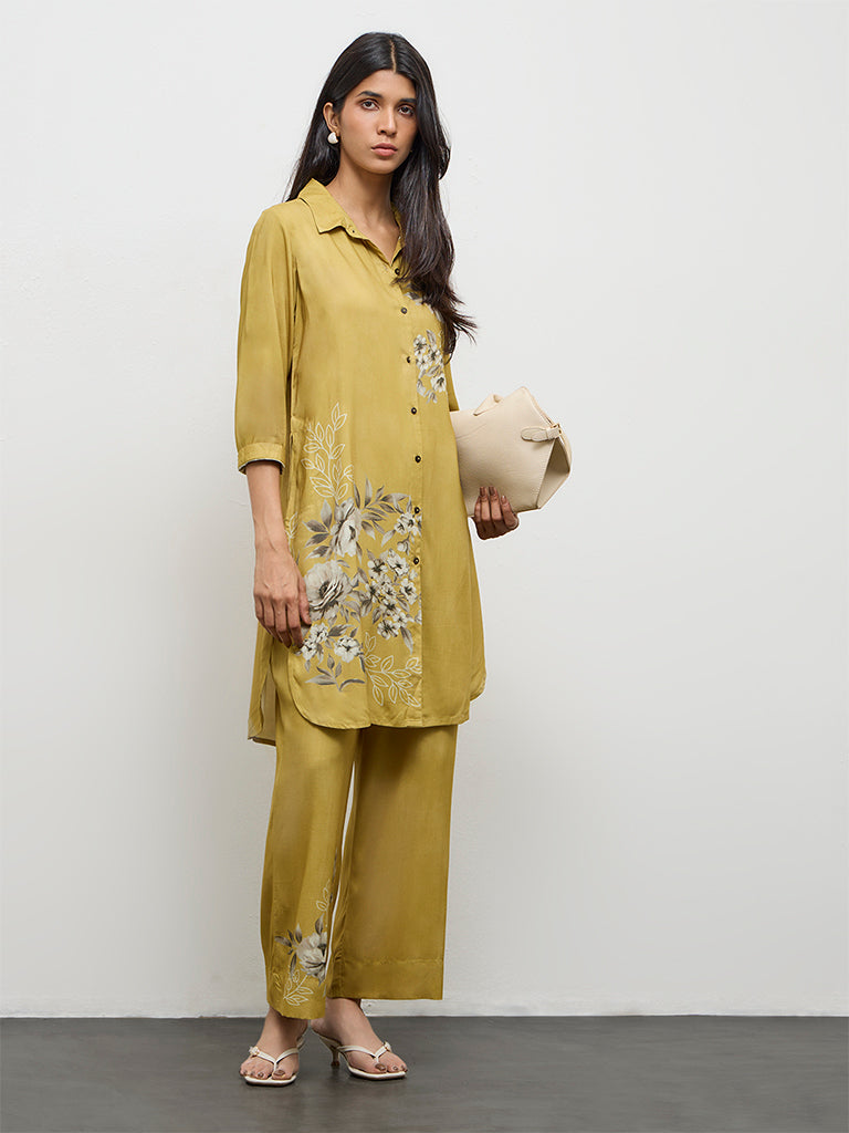 Utsa Mustard Botanical Pattern A-Line Kurta