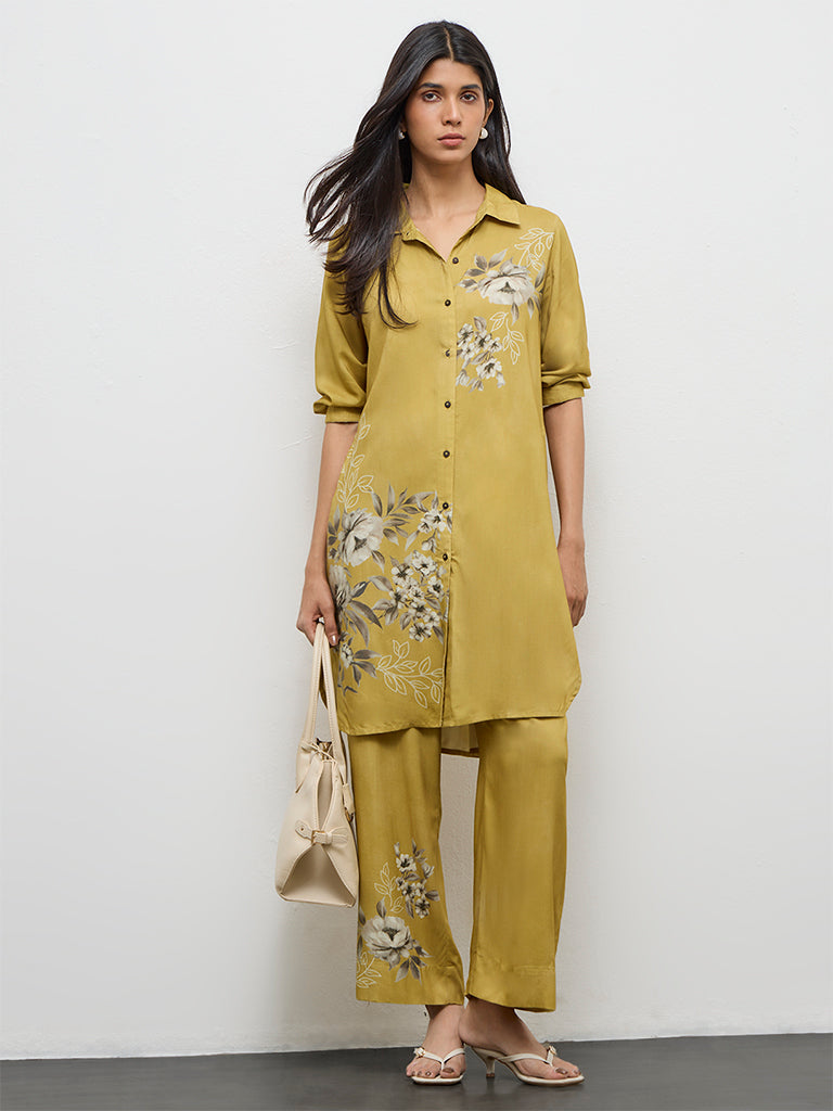 Utsa Mustard Botanical Pattern A-Line Kurta