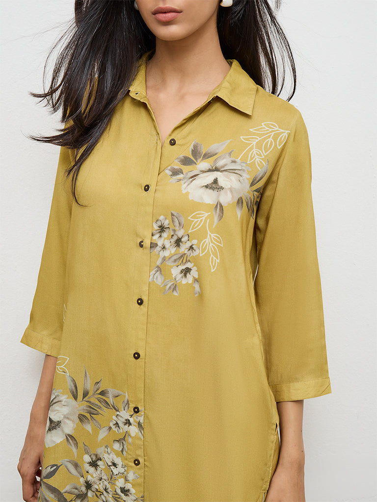 Utsa Mustard Botanical Pattern A-Line Kurta