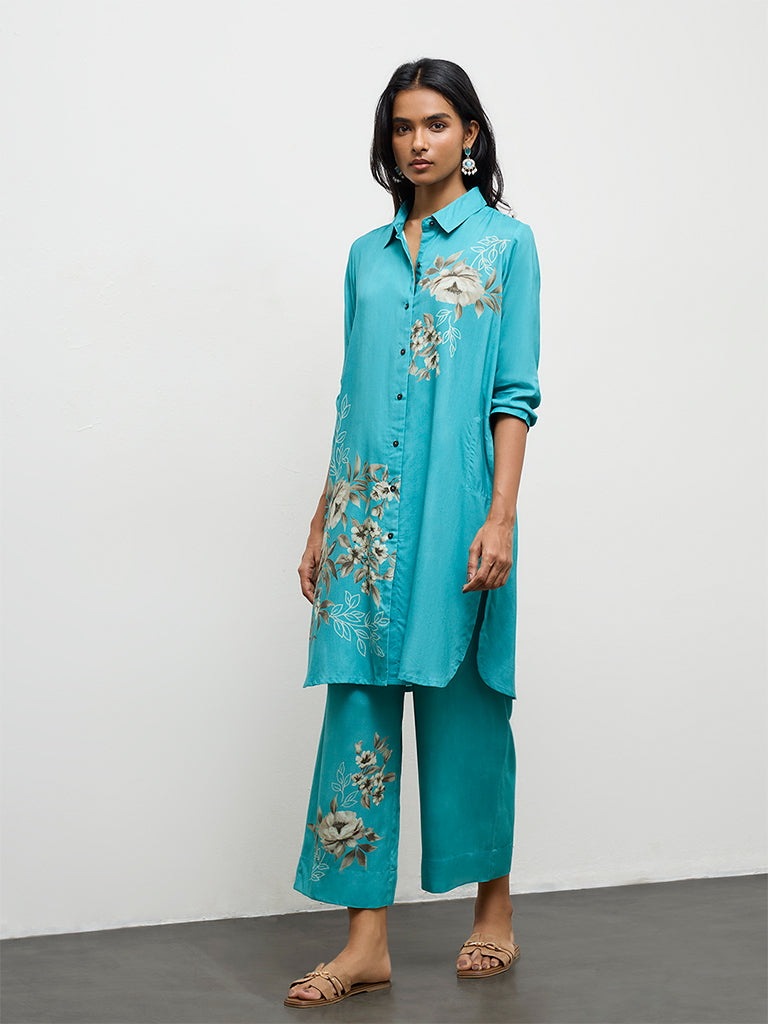 Utsa Teal Floral Printed A-Line Kurta