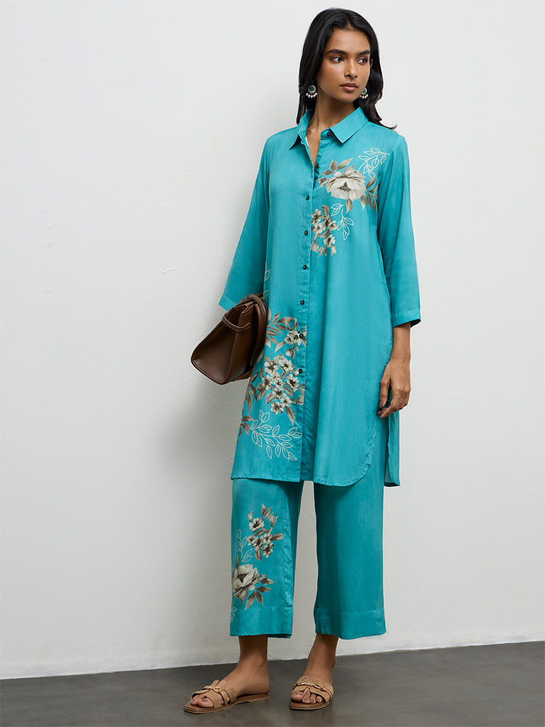 Utsa Teal Floral Printed A-Line Kurta