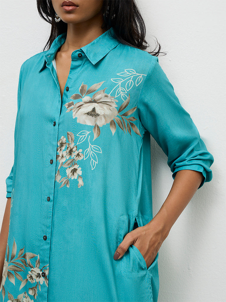 Utsa Teal Floral Printed A-Line Kurta