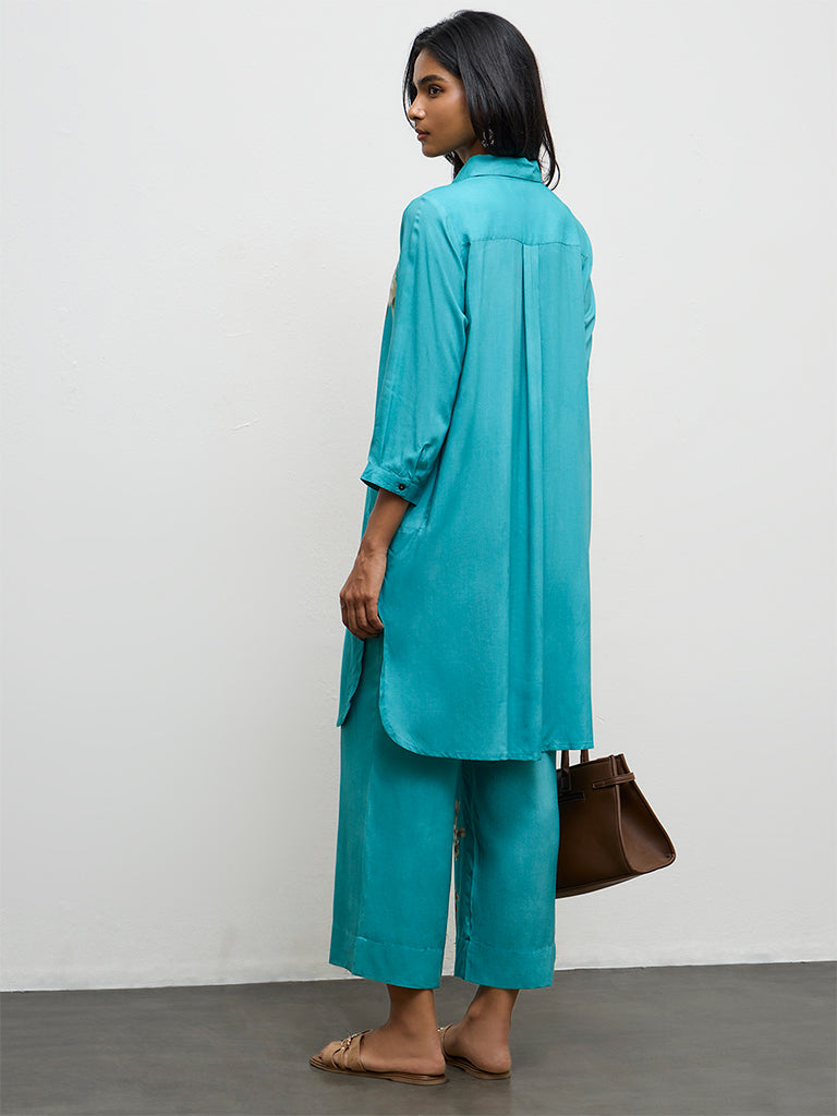 Utsa Teal Floral Printed A-Line Kurta