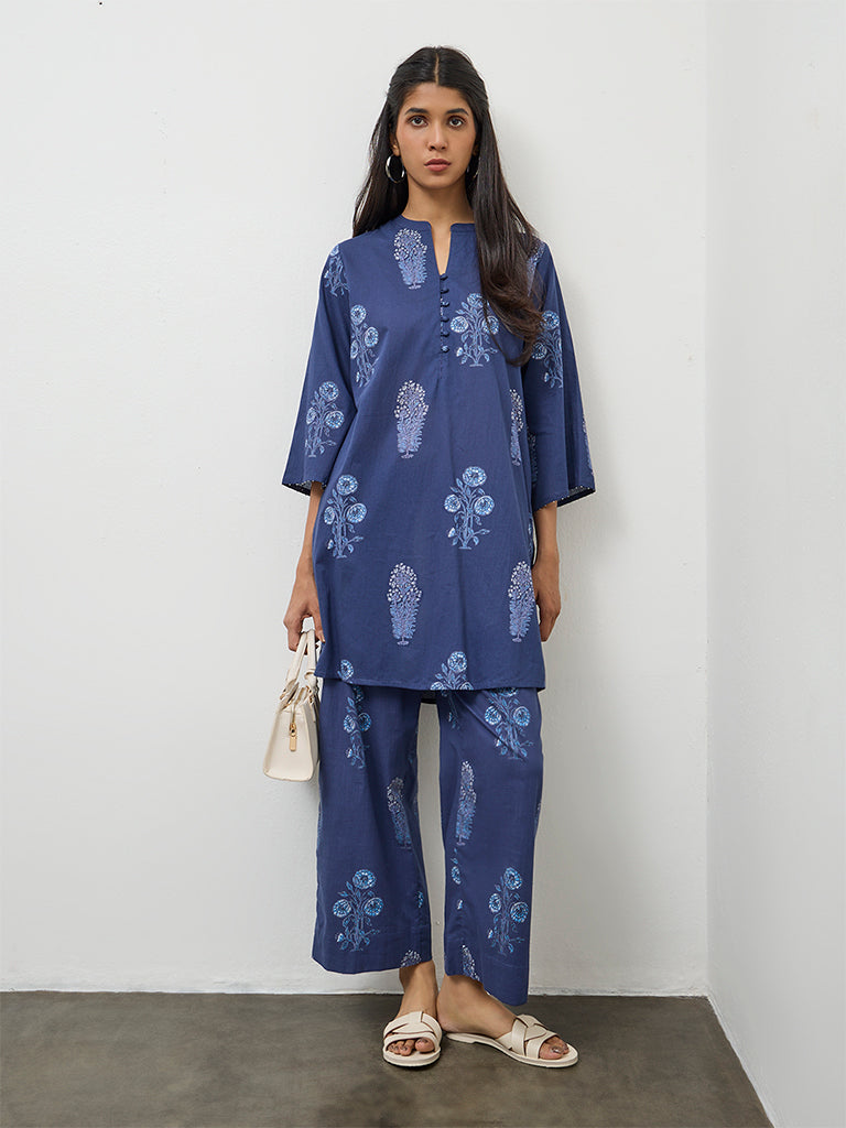 Utsa Navy Botanical Pattern Cotton Straight Kurta
