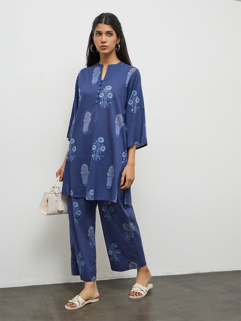 Utsa Navy Botanical Pattern Cotton Straight Kurta