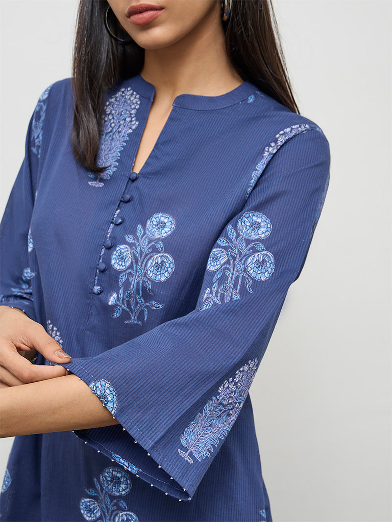 Utsa Navy Botanical Pattern Cotton Straight Kurta