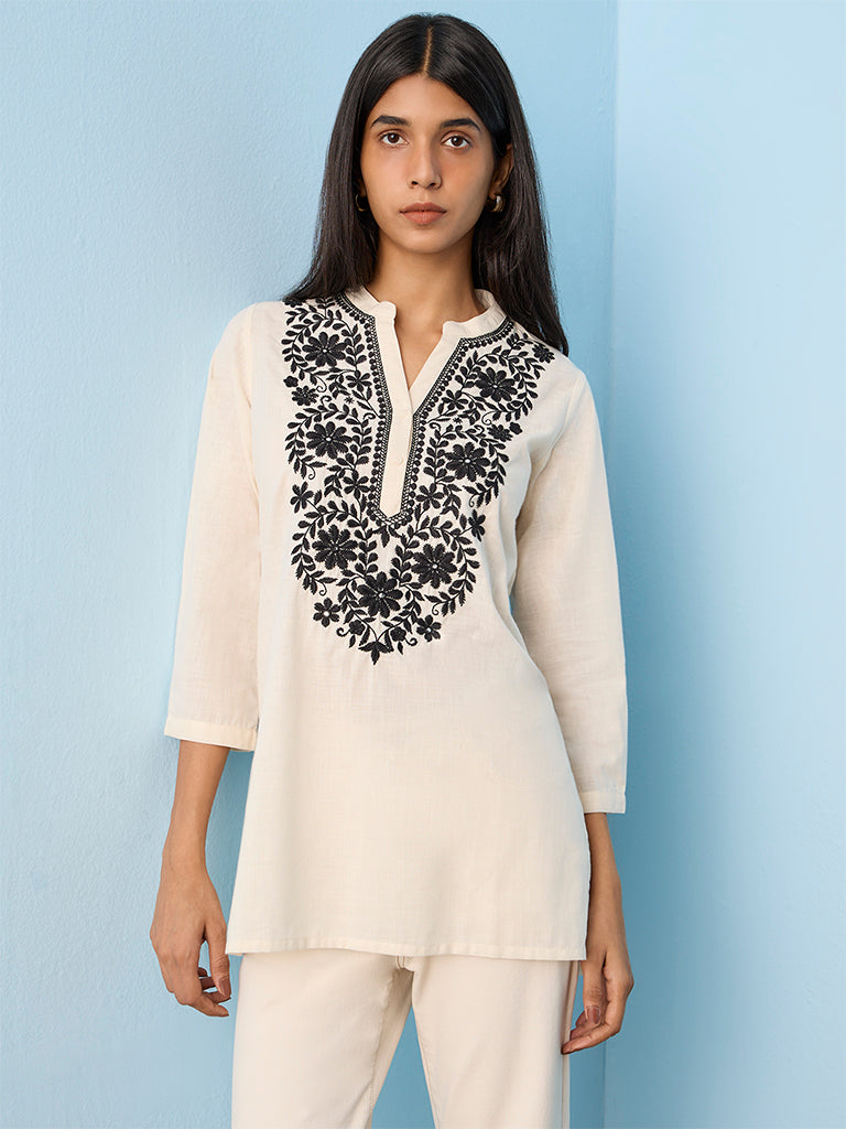 Utsa Off-White Floral Embroidered Cotton High-Low Kurti