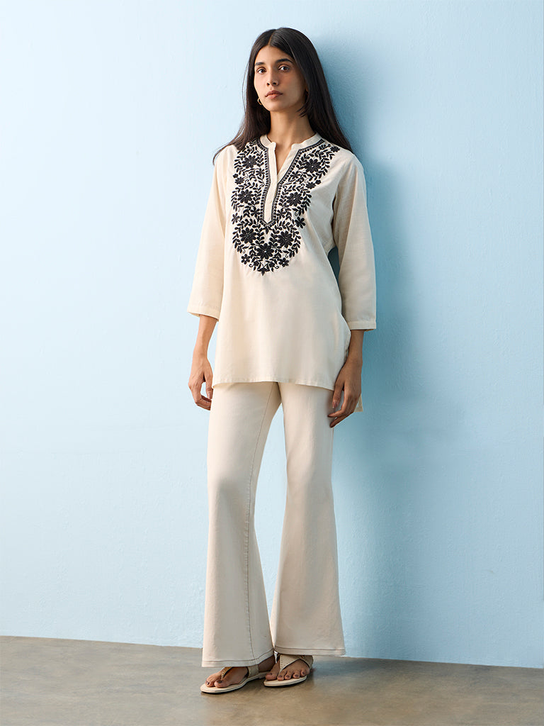 Utsa Off-White Floral Embroidered Cotton High-Low Kurti