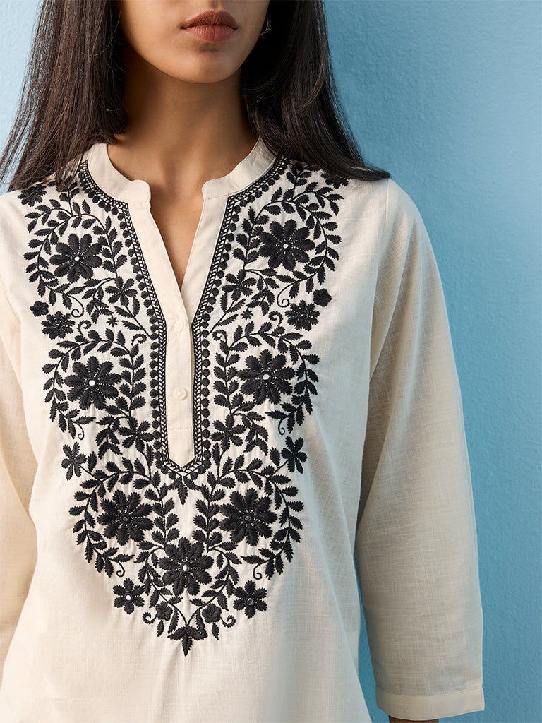 Utsa Off-White Floral Embroidered Cotton High-Low Kurti