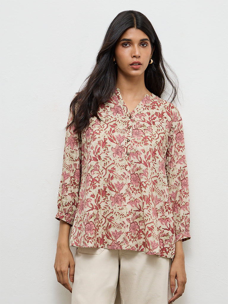Utsa Pink Floral Printed Cotton Tunic