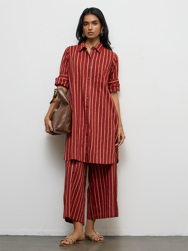 Utsa Red Striped Cotton A-Line Kurta
