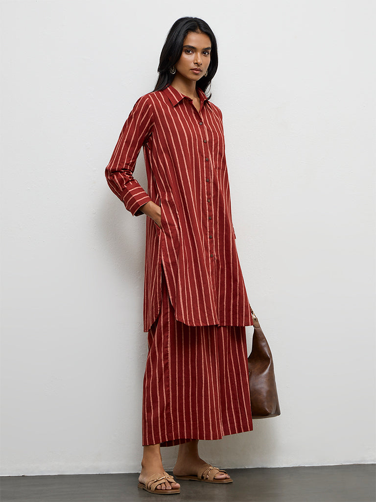 Utsa Red Striped Cotton A-Line Kurta