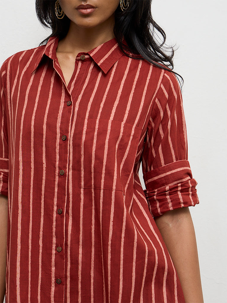 Utsa Red Striped Cotton A-Line Kurta