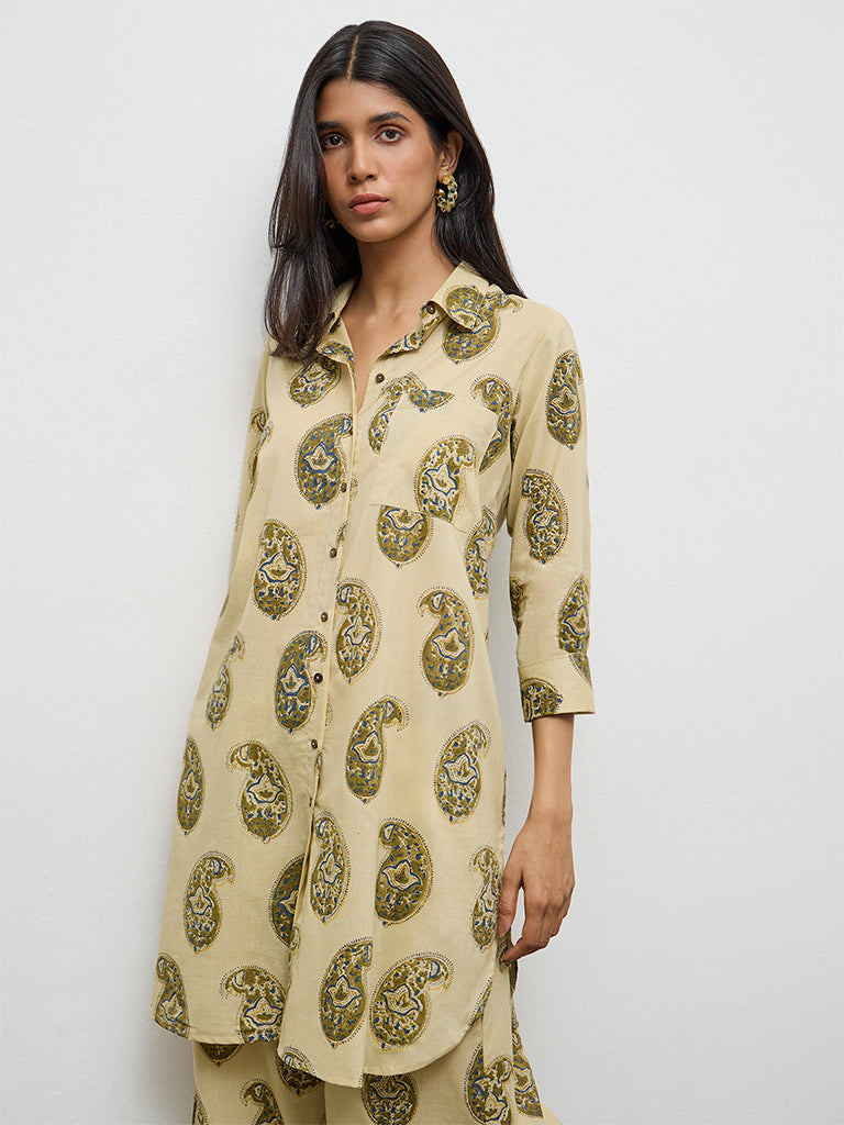 Utsa Taupe Paisley Printed Cotton A-Line Kurta
