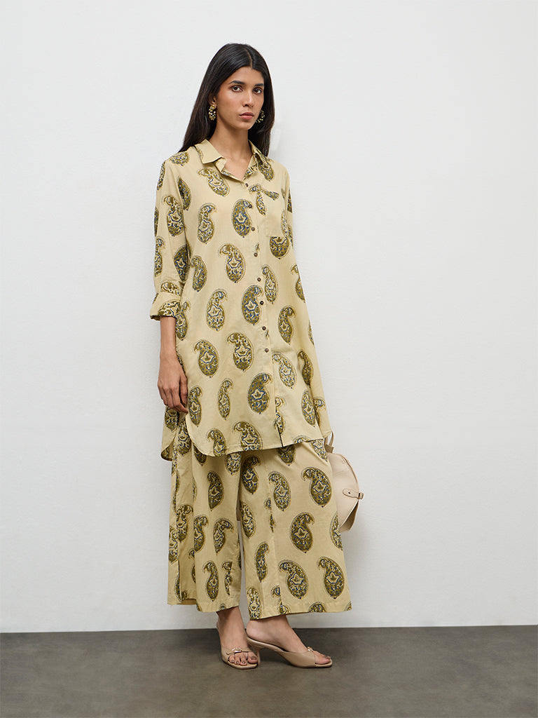 Utsa Taupe Paisley Printed Cotton A-Line Kurta