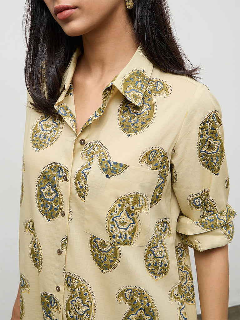 Utsa Taupe Paisley Printed Cotton A-Line Kurta