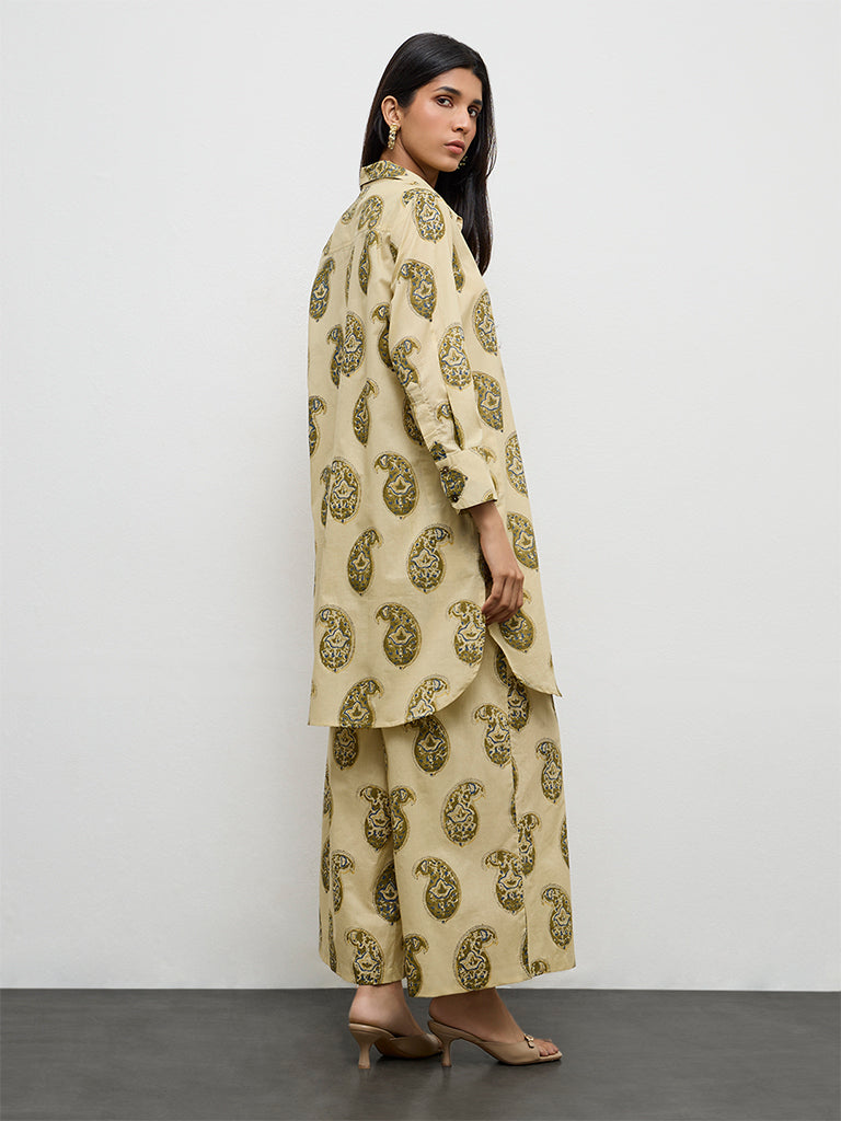 Utsa Taupe Paisley Printed Cotton A-Line Kurta