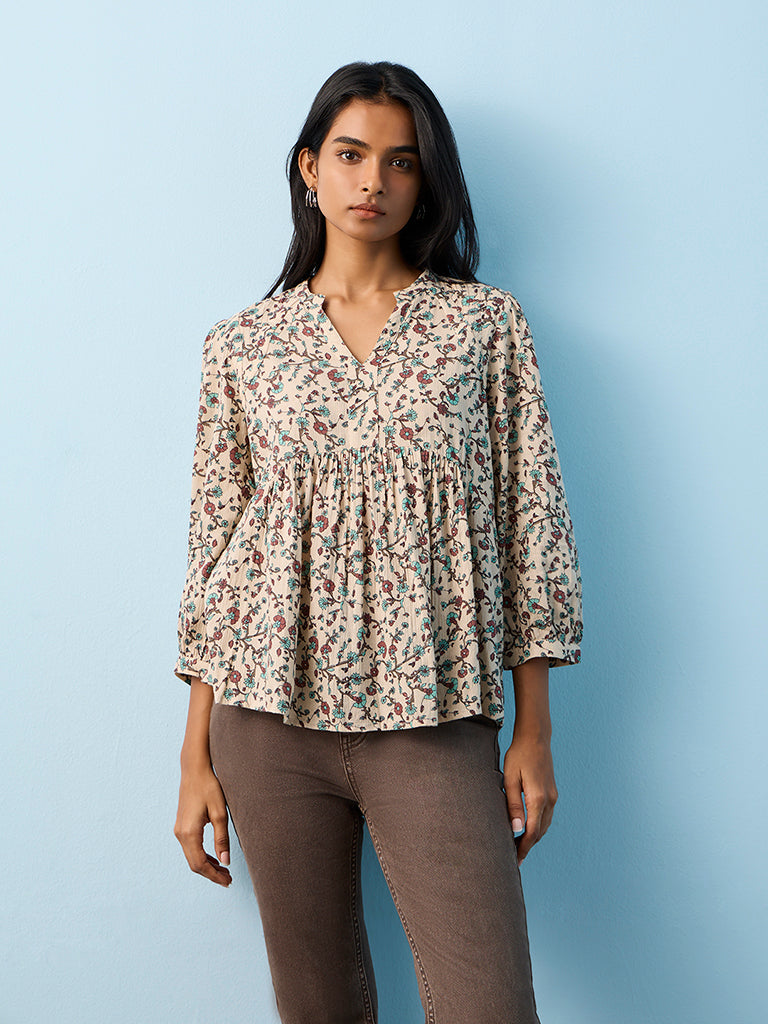 Utsa Taupe Botanical Design Cotton Top