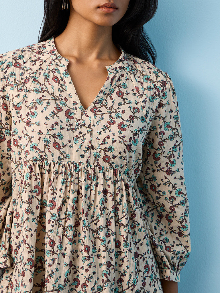 Utsa Taupe Botanical Design Cotton Top