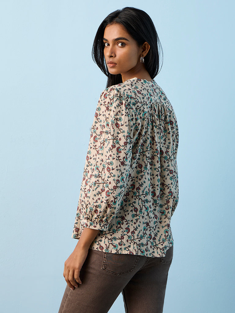 Utsa Taupe Botanical Design Cotton Top