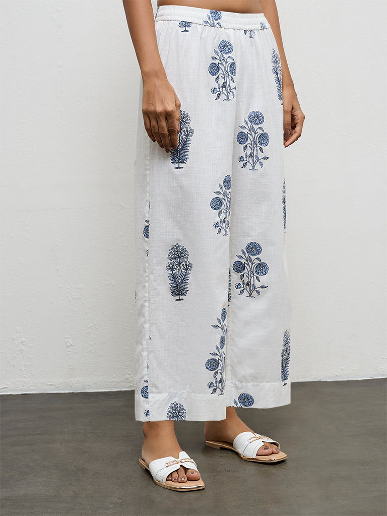 Utsa White Floral Printed Cotton Pants