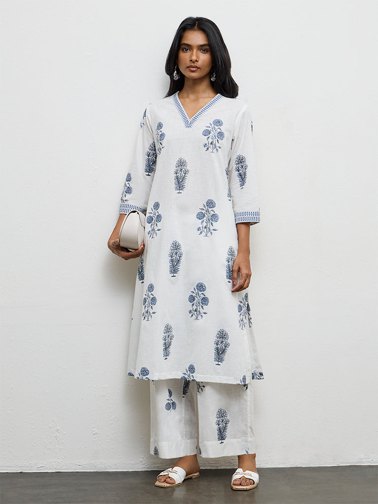 Utsa White Floral Printed Cotton Pants