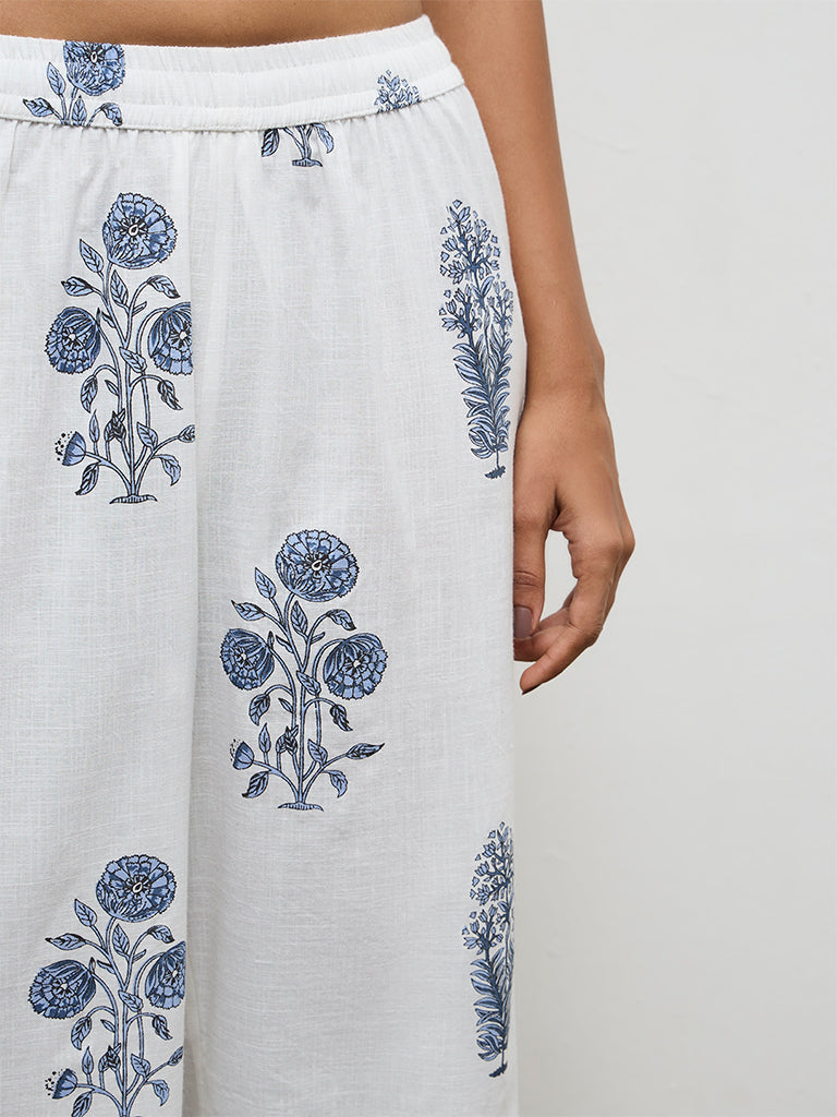 Utsa White Floral Printed Cotton Pants