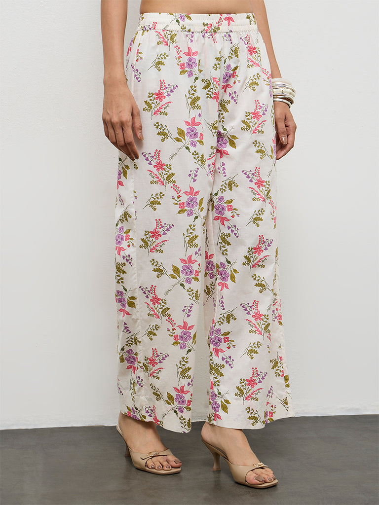 Utsa Off-White Floral Pattern Cotton Pants