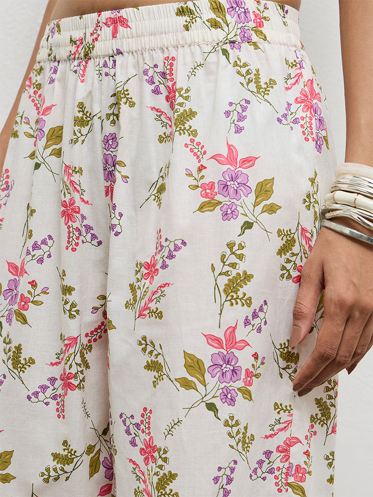 Utsa Off-White Floral Pattern Cotton Pants