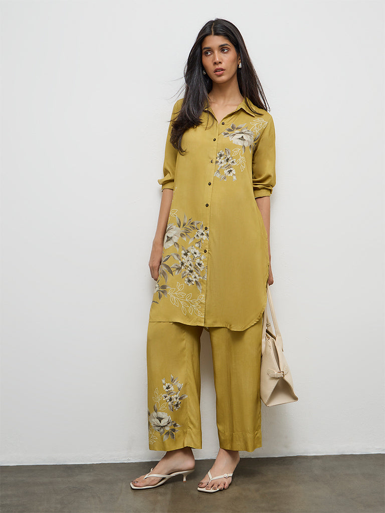 Utsa Mustard Floral Design Pants