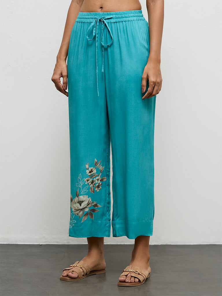 Utsa Teal Floral Printed Ethnic Pants