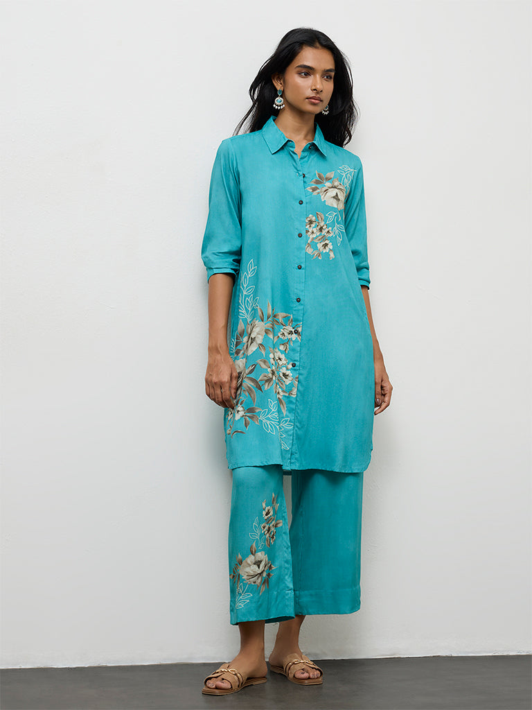Utsa Teal Floral Printed Ethnic Pants