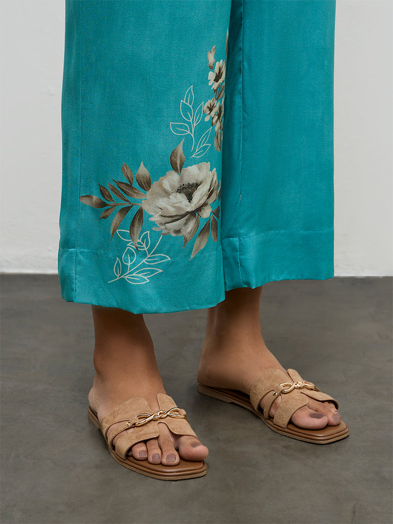 Utsa Teal Floral Printed Ethnic Pants