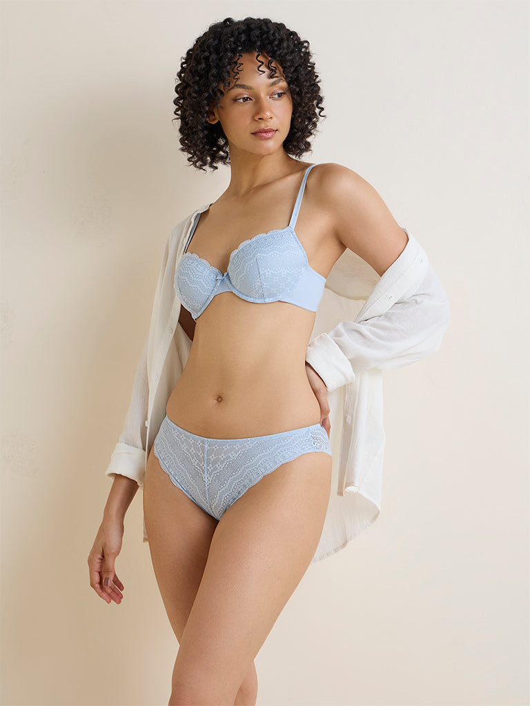Wunderlove Light Blue Lace Design Underwired Bra