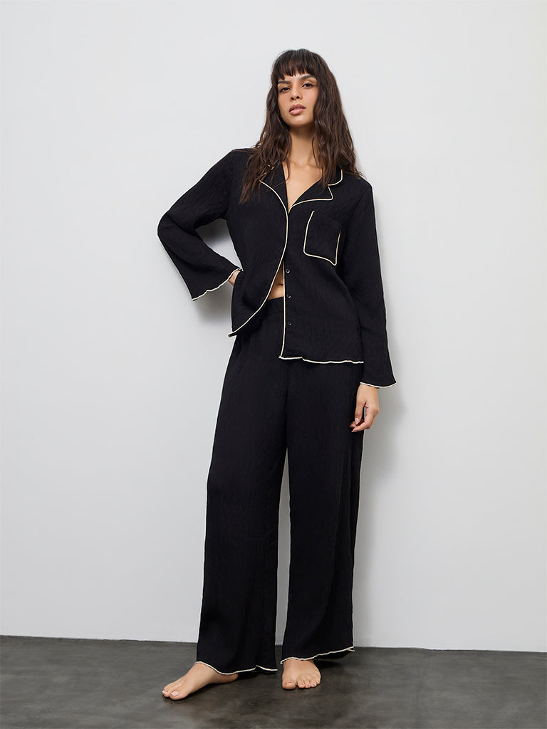Wunderlove Black Textured Shirt with Pyjama Set