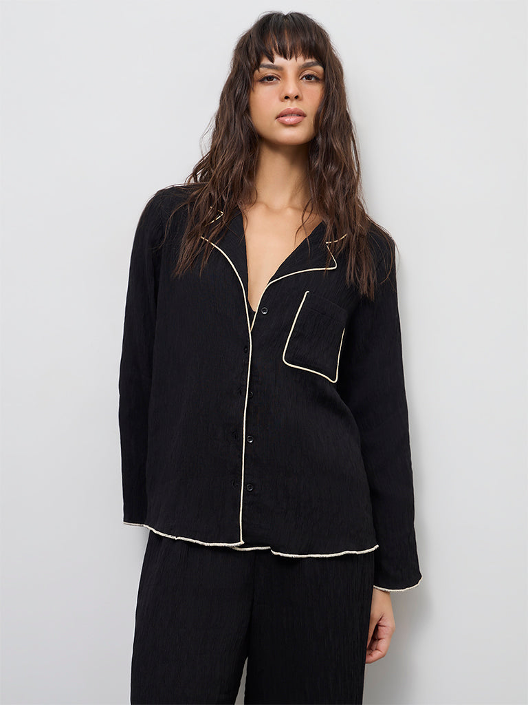 Wunderlove Black Textured Shirt with Pyjama Set