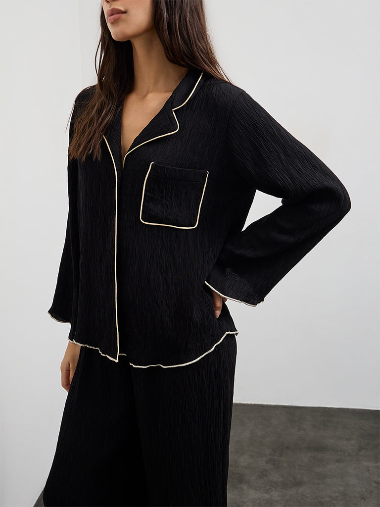 Wunderlove Black Textured Shirt with Pyjama Set