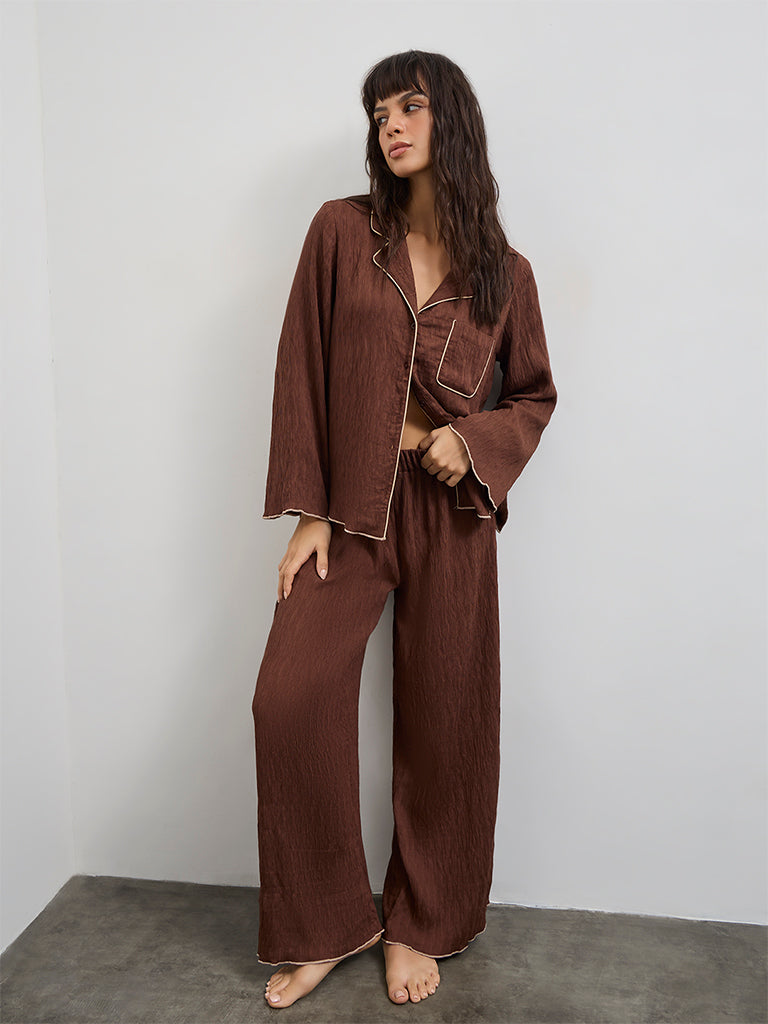 Wunderlove Brown Textured Shirt with Pyjama Set