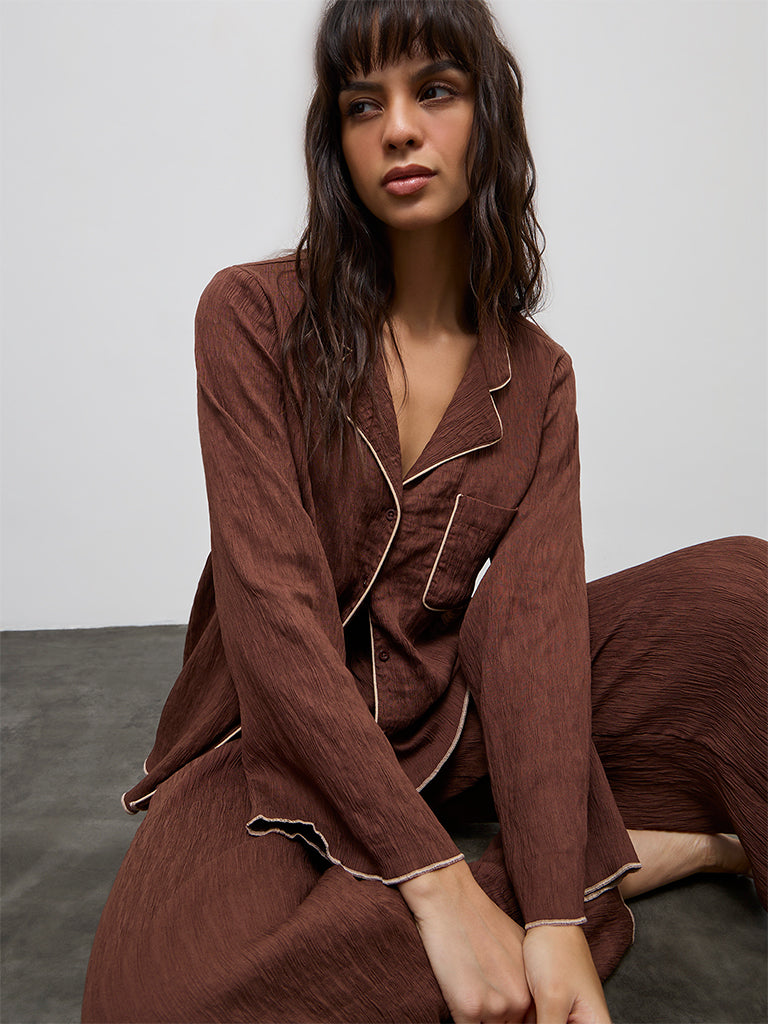 Wunderlove Brown Textured Shirt with Pyjama Set