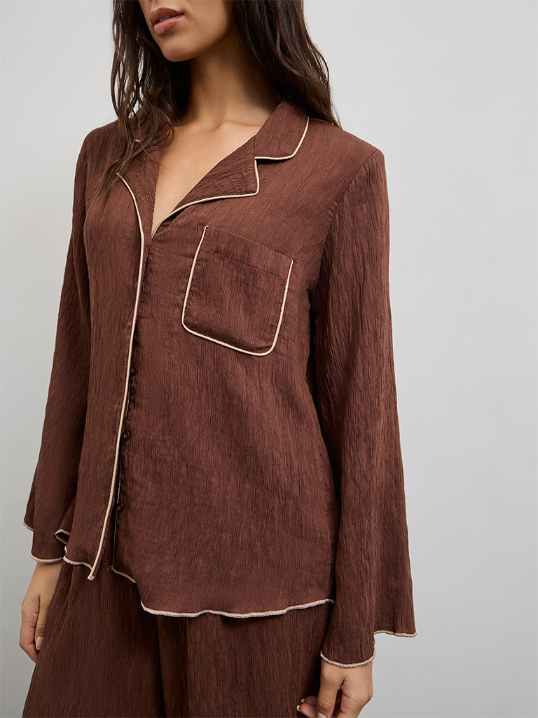 Wunderlove Brown Textured Shirt with Pyjama Set