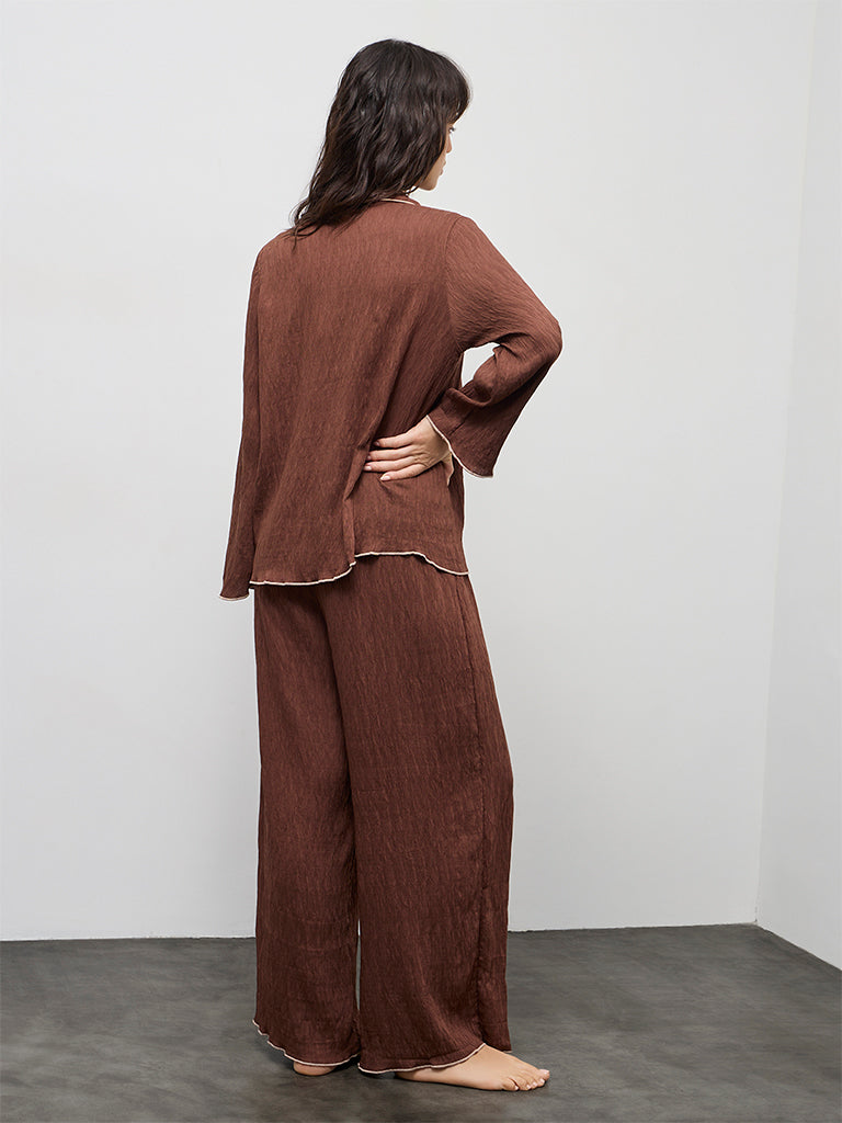 Wunderlove Brown Textured Shirt with Pyjama Set