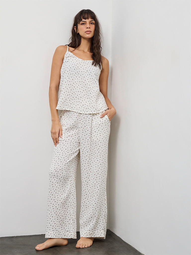 Wunderlove Ivory Floral Printed Cotton Camisole and Pant Set