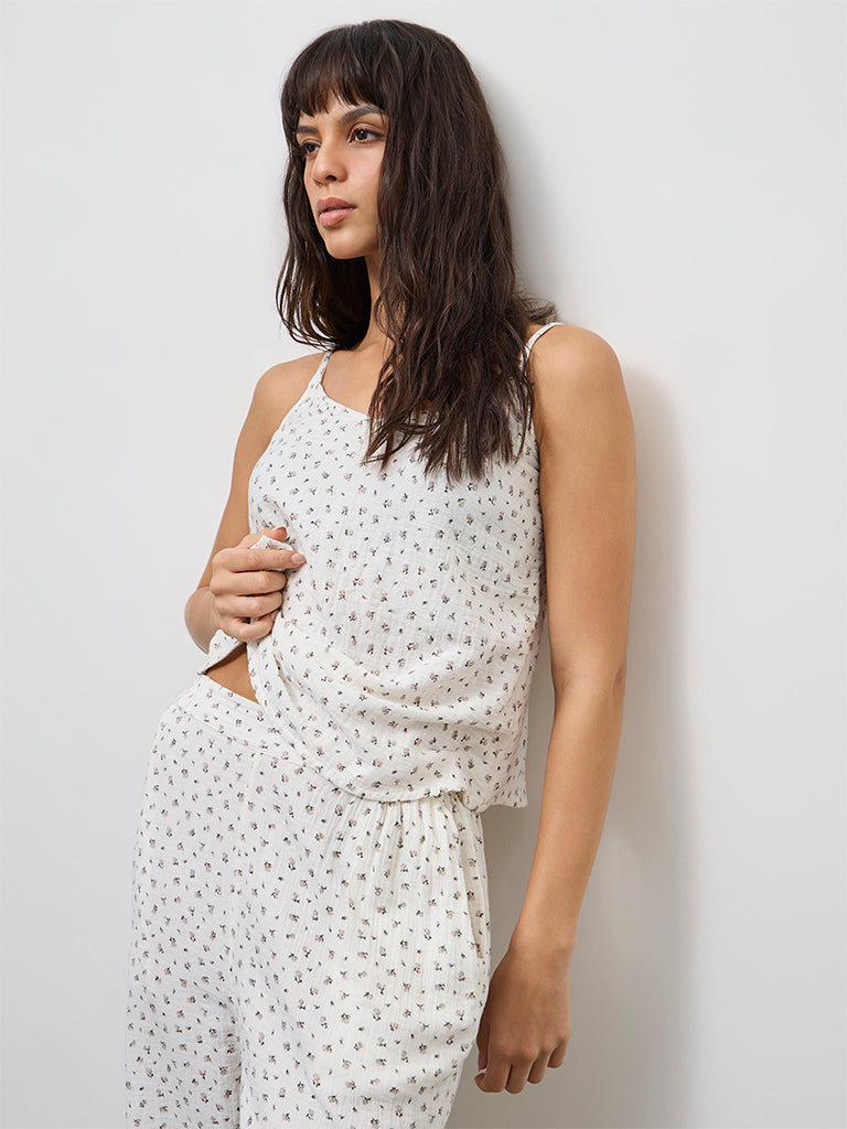 Wunderlove Ivory Floral Printed Cotton Camisole and Pant Set
