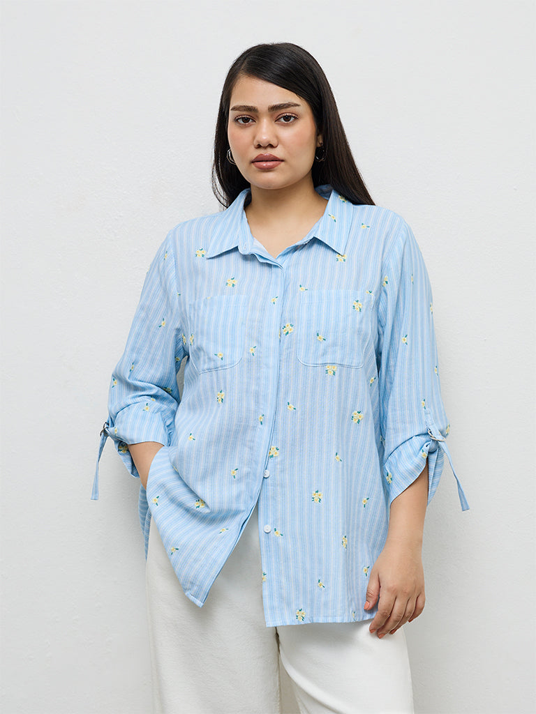 Gia Blue Floral Embroidered Cotton Shirt