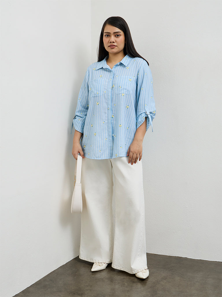 Gia Blue Floral Embroidered Cotton Shirt