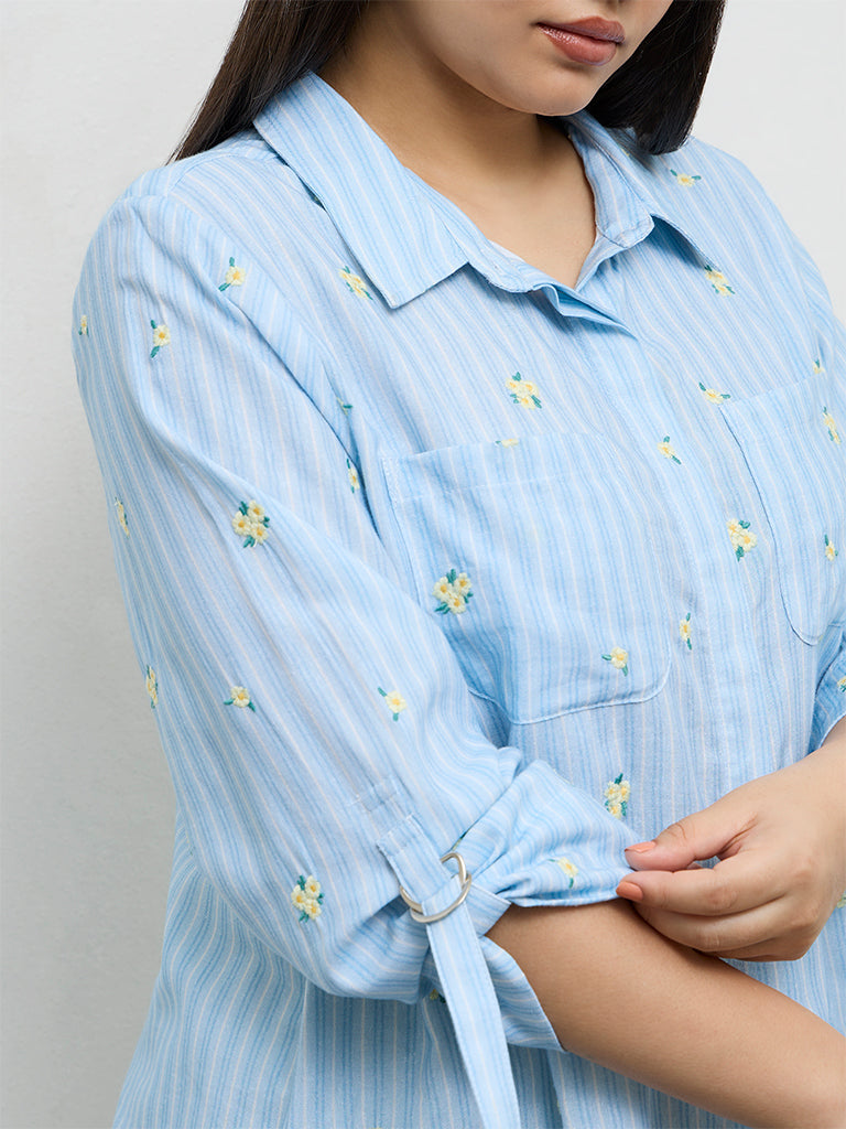 Gia Blue Floral Embroidered Cotton Shirt